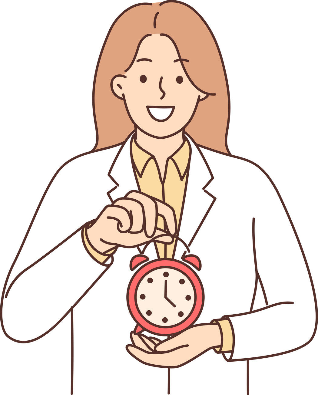 Woman doctor holding alarm clock recommending sticking to schedule for taking medications